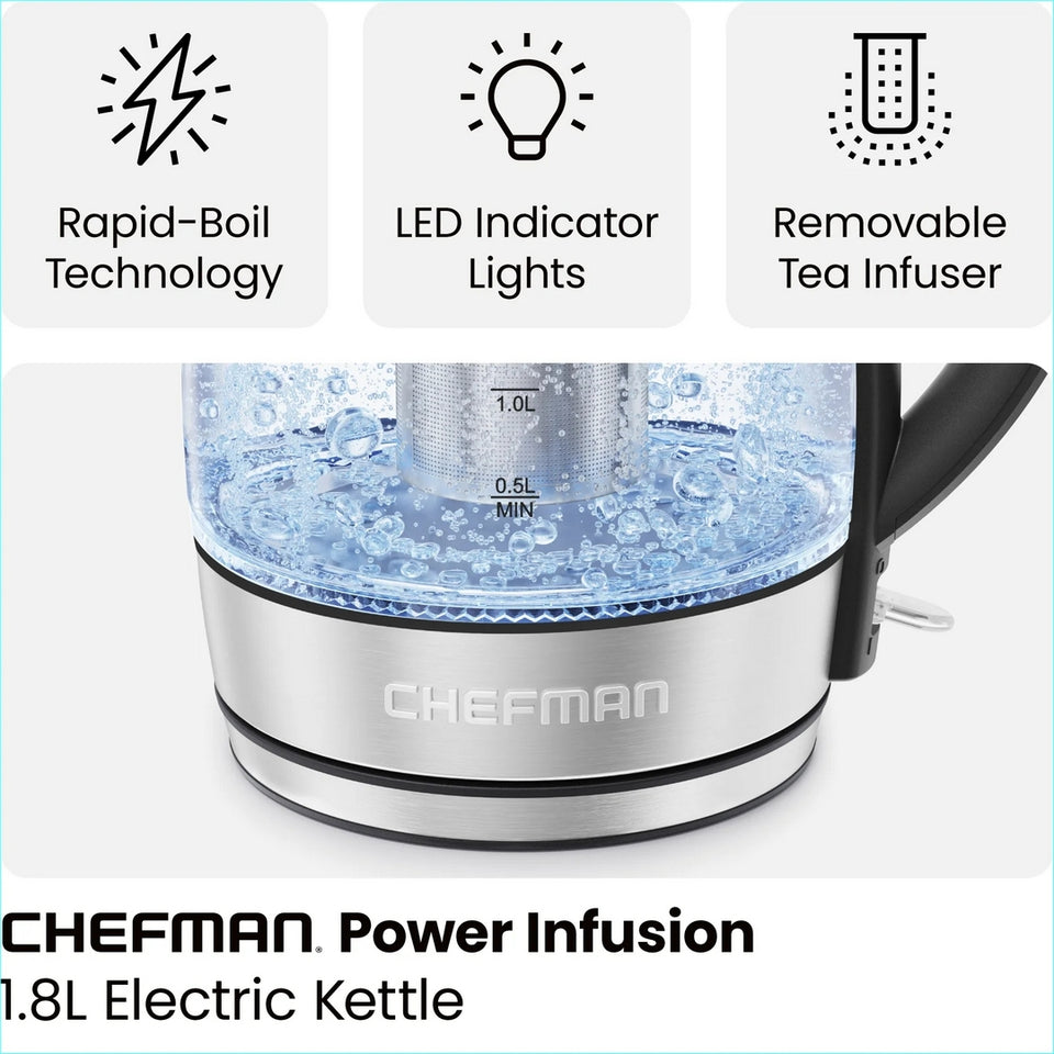 Chefman 1.8L Cordless Glass Electric Kettle, 1500W, Auto Shut-Off, Tea Infuser