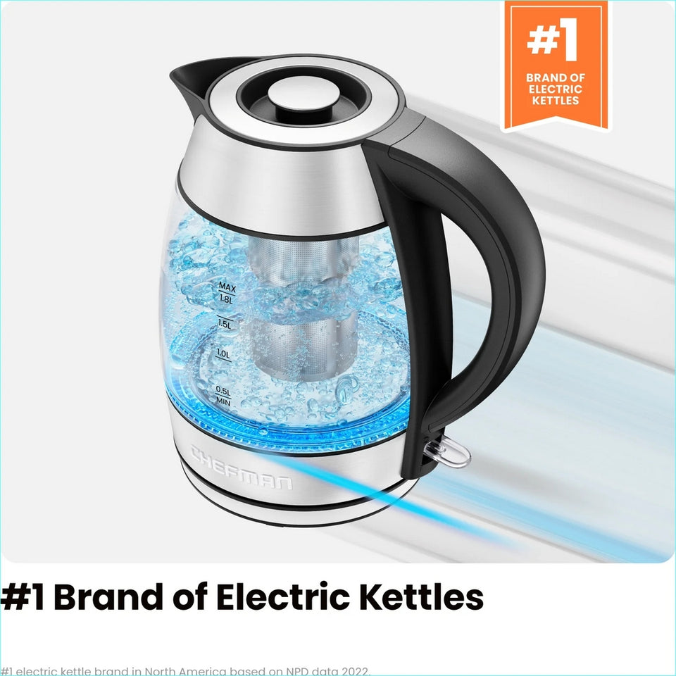 Chefman 1.8L Cordless Glass Electric Kettle, 1500W, Auto Shut-Off, Tea Infuser