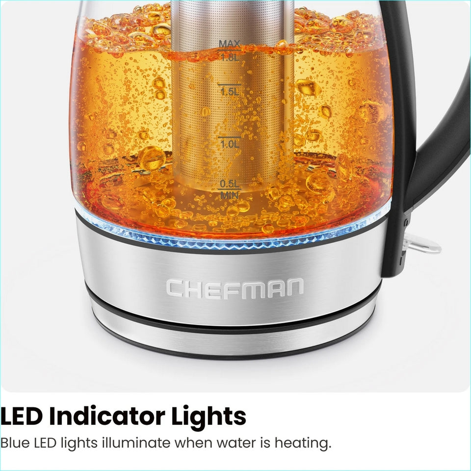 Chefman 1.8L Cordless Glass Electric Kettle, 1500W, Auto Shut-Off, Tea Infuser