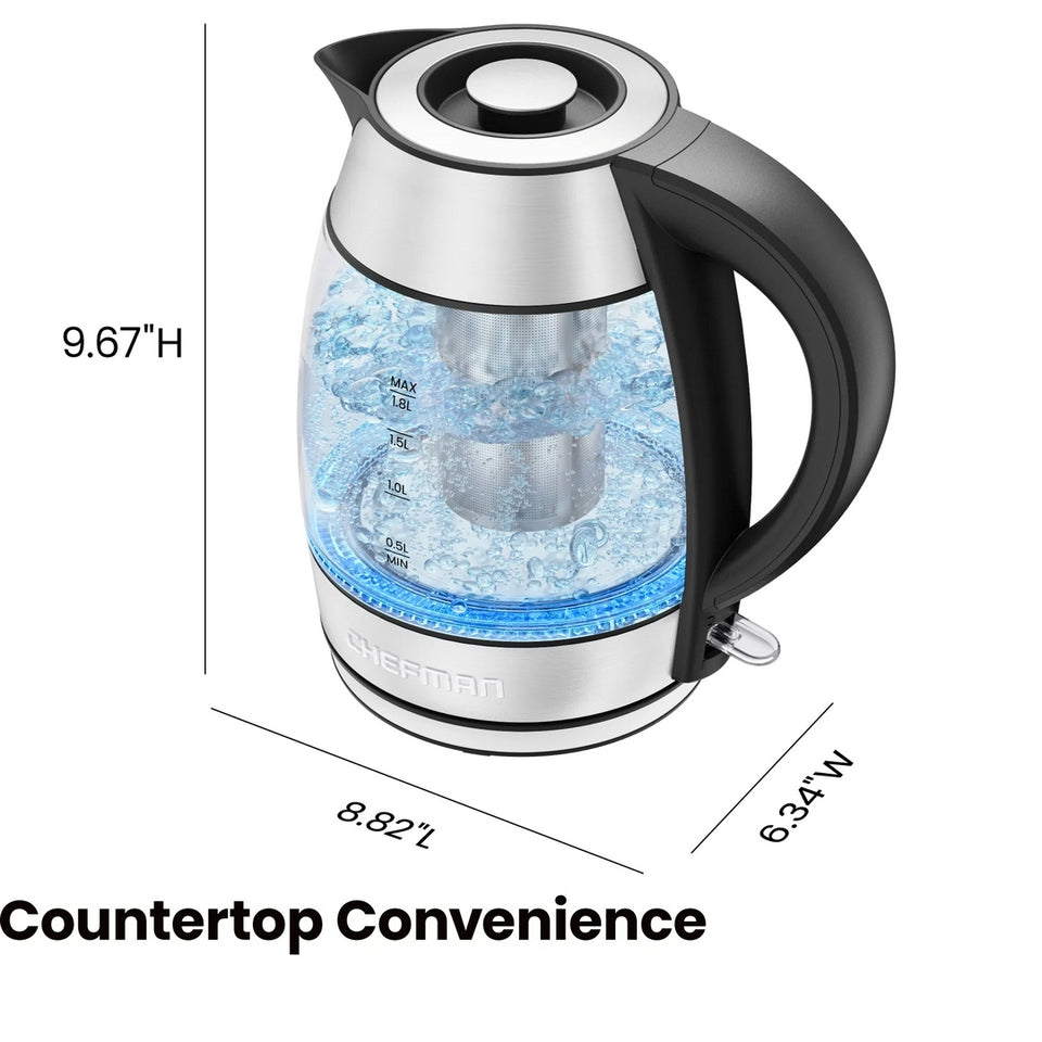 Chefman 1.8L Cordless Glass Electric Kettle, 1500W, Auto Shut-Off, Tea Infuser