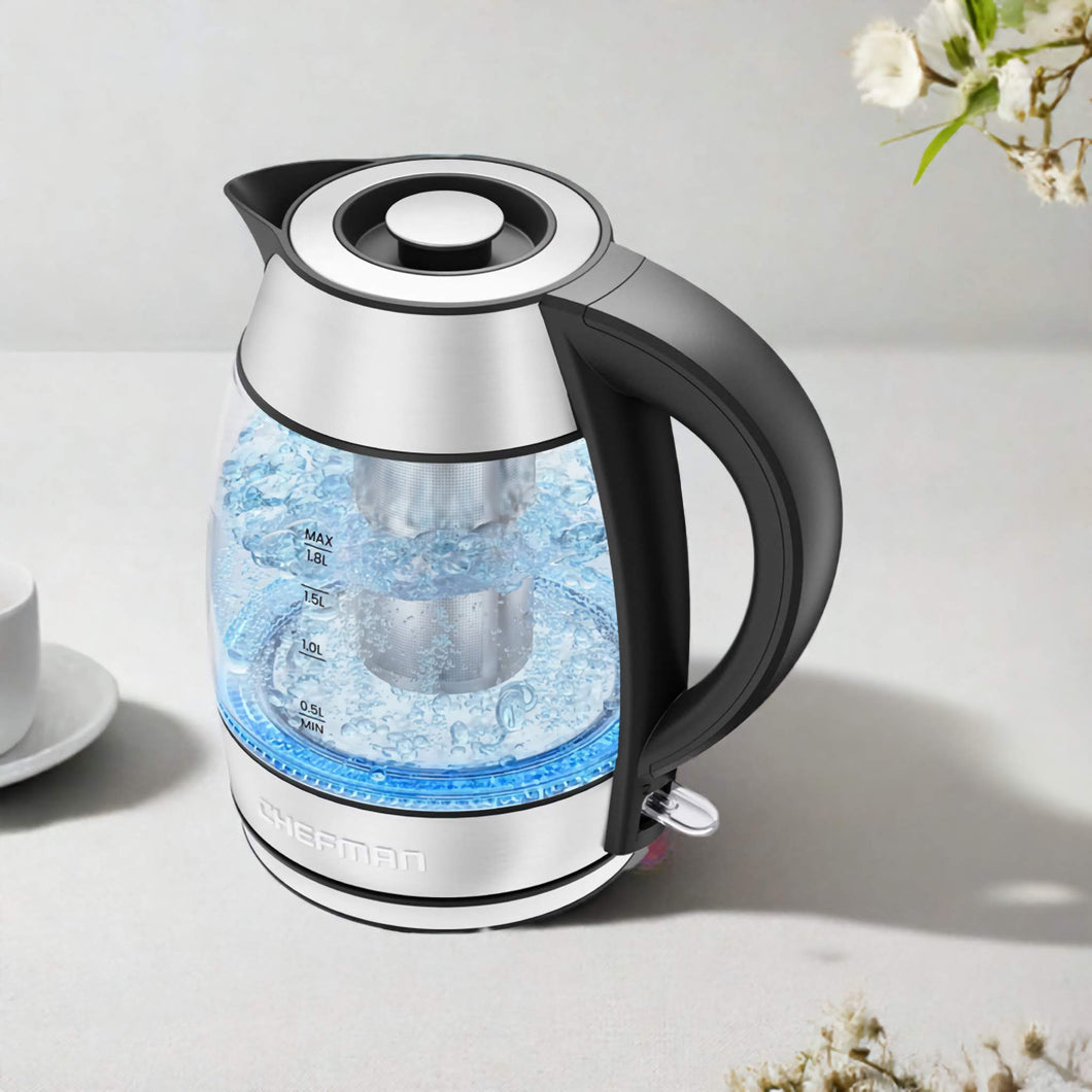 Chefman 1.8L Cordless Glass Electric Kettle, 1500W, Auto Shut-Off, Tea Infuser